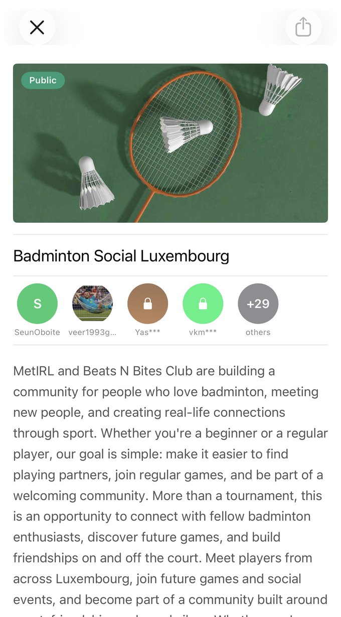 MetIRL community page for Badminton Social Luxembourg